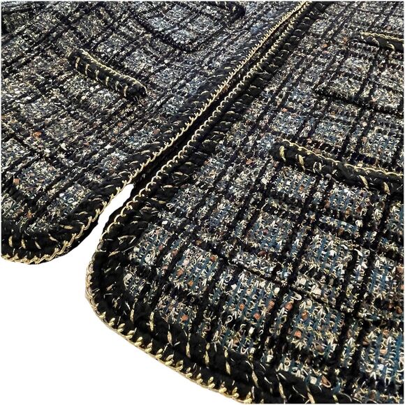 Express Metallic Plaid Tweed Jacket with Gold Chain Detail Classic Old Money-S - Picture 3 of 12